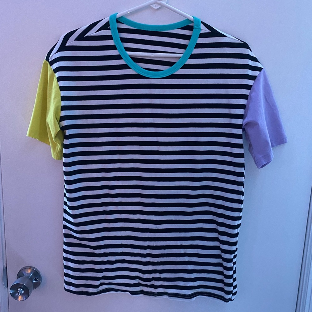 striped T-shirts with colorful sleeves and neck